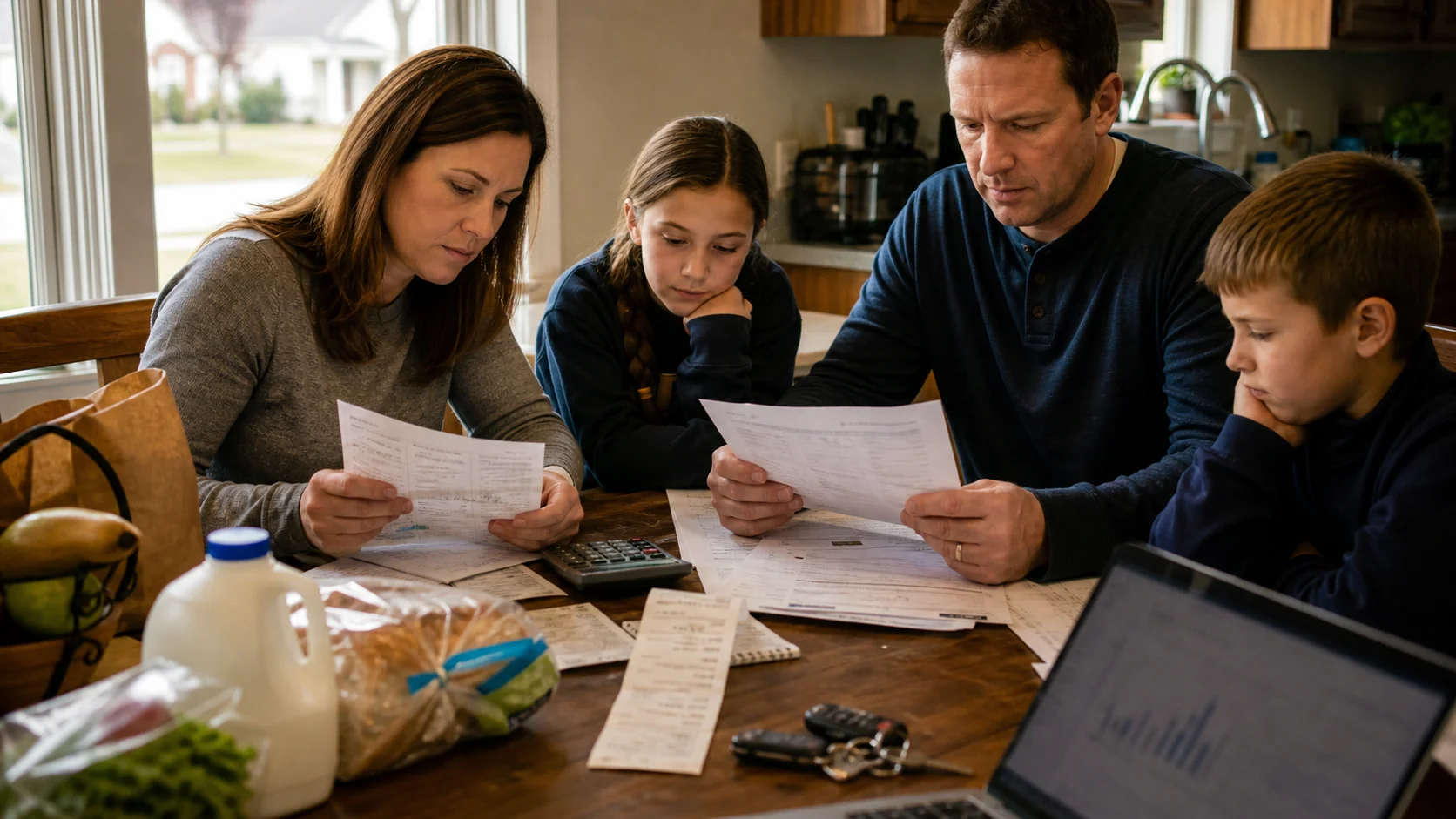 A Missouri family reviewing household bills, receipts, and a budget notebook at a kitchen table.