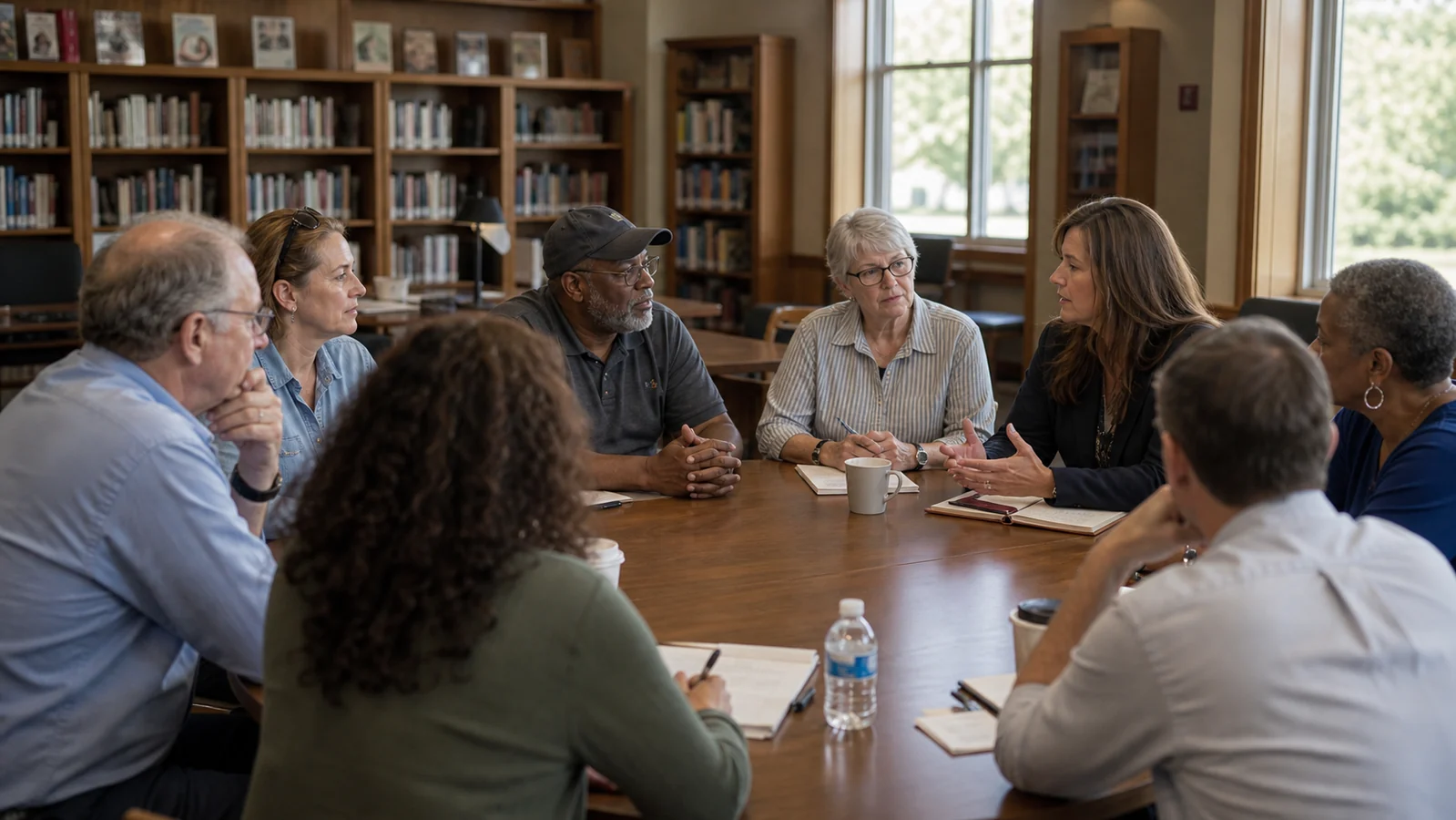 Older voters and caregivers gathered around a community table for a serious listening session.